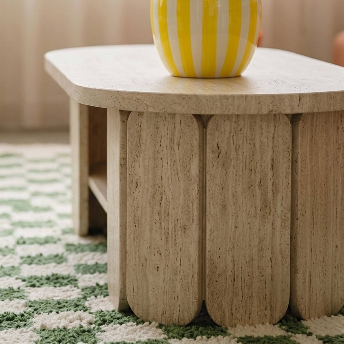 Table basse effet travertin ovale 110x50 cm, MOLLY blanc, OVIALA