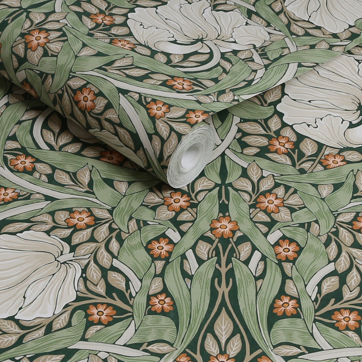 Papier peint Fleurs d'églantine du printemps vert, beige, orange safran, WILLIAM MORRIS AT HOME