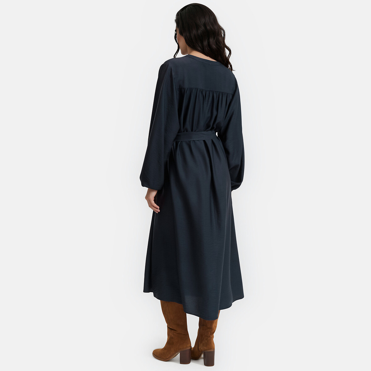 Robe longue fluide, à manches bouffantes bleu marine, LA REDOUTE COLLECTIONS