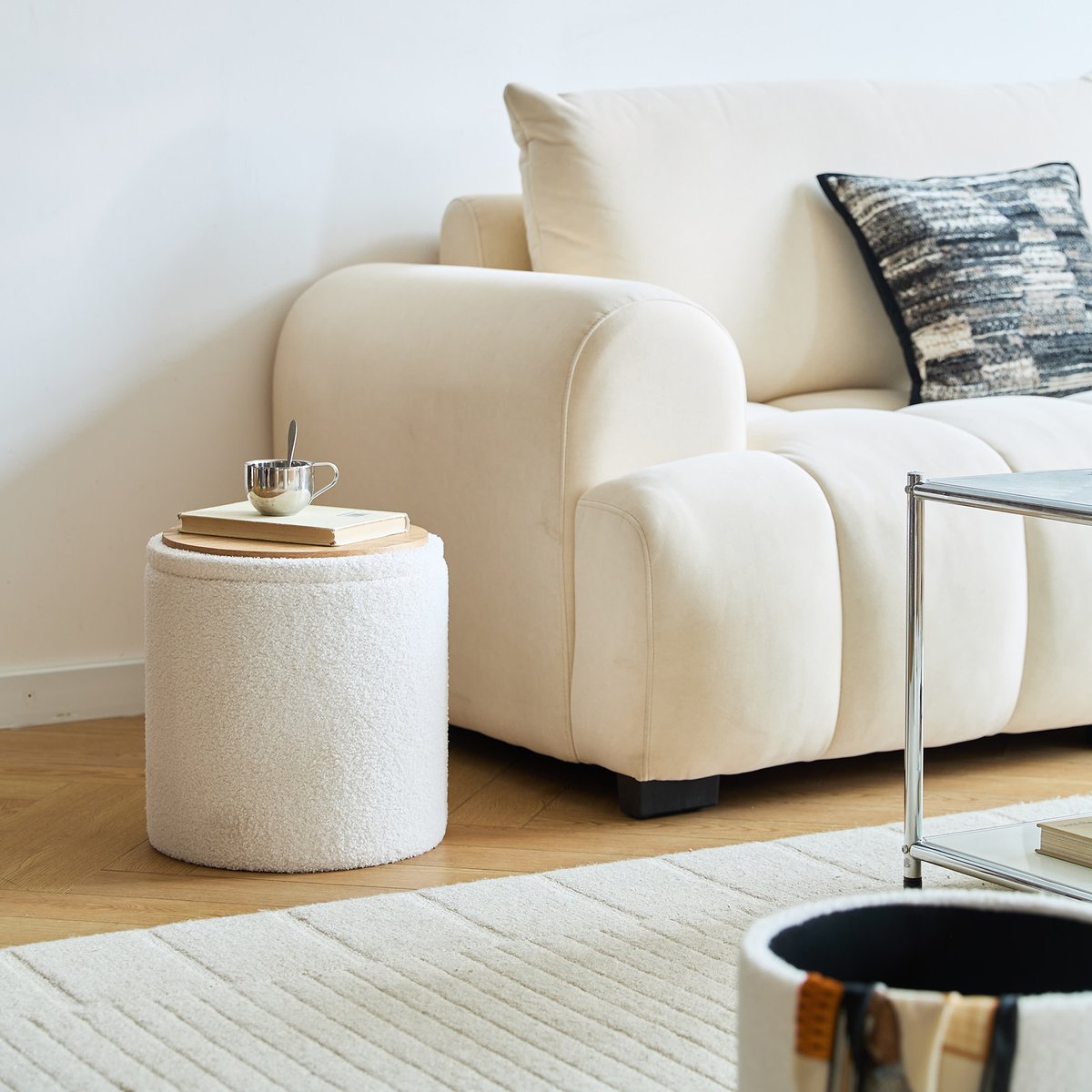 Set de 3 poufs avec rangement, bois, bouclette, NARVIK blanc cassé, NORDLYS