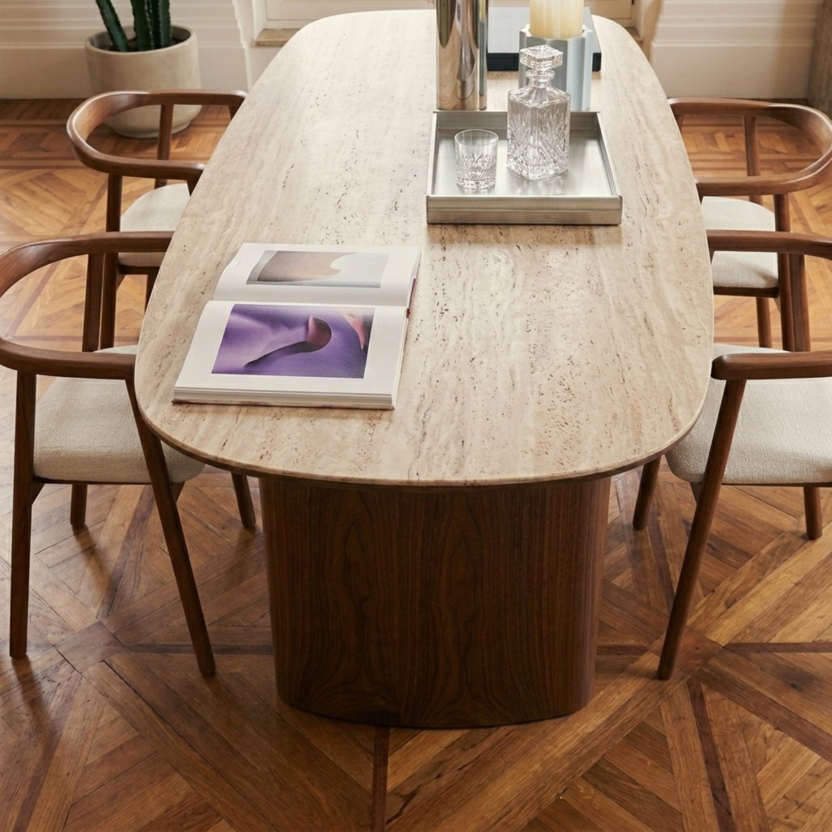Table de séjour avec plateau en céramique LODEN effet travertin et noyer, SORELH