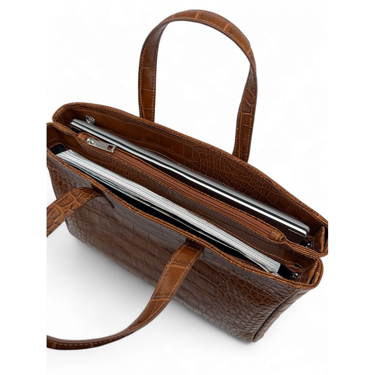 Sac à main en cuir italien façon croco BE LADY marron cognac, OH MY BAG