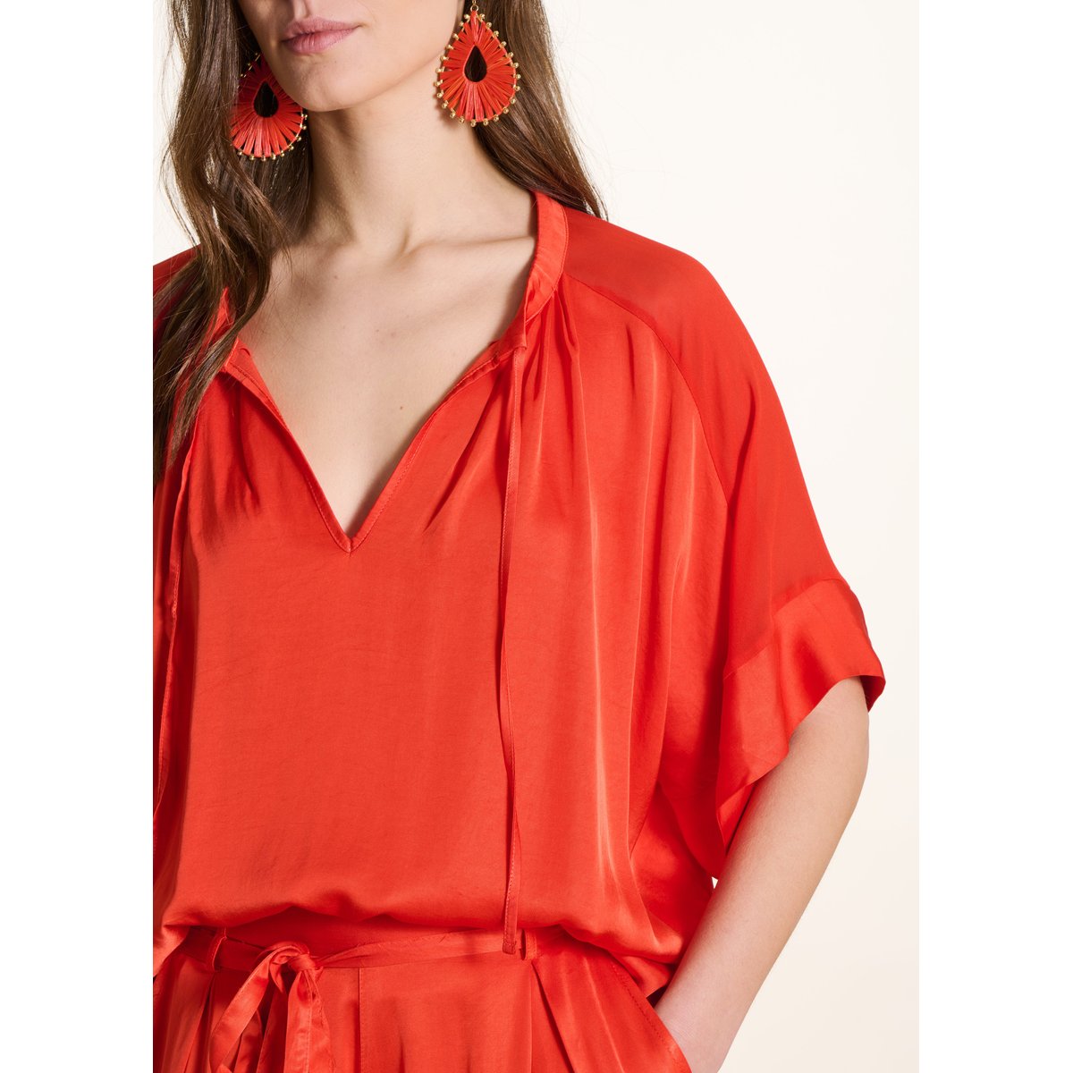 Blouse ample en satin encolure tunisienne jaspe, LA FEE MARABOUTEE