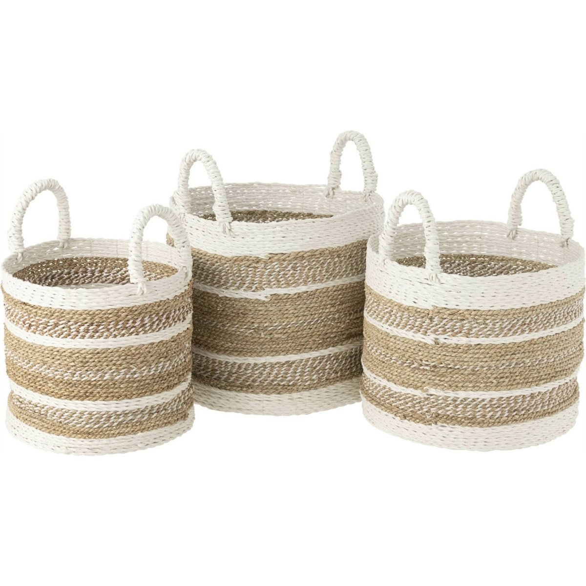 Set de 3 paniers en raphia tressé main naturel et blanc, RECOLLECTION
