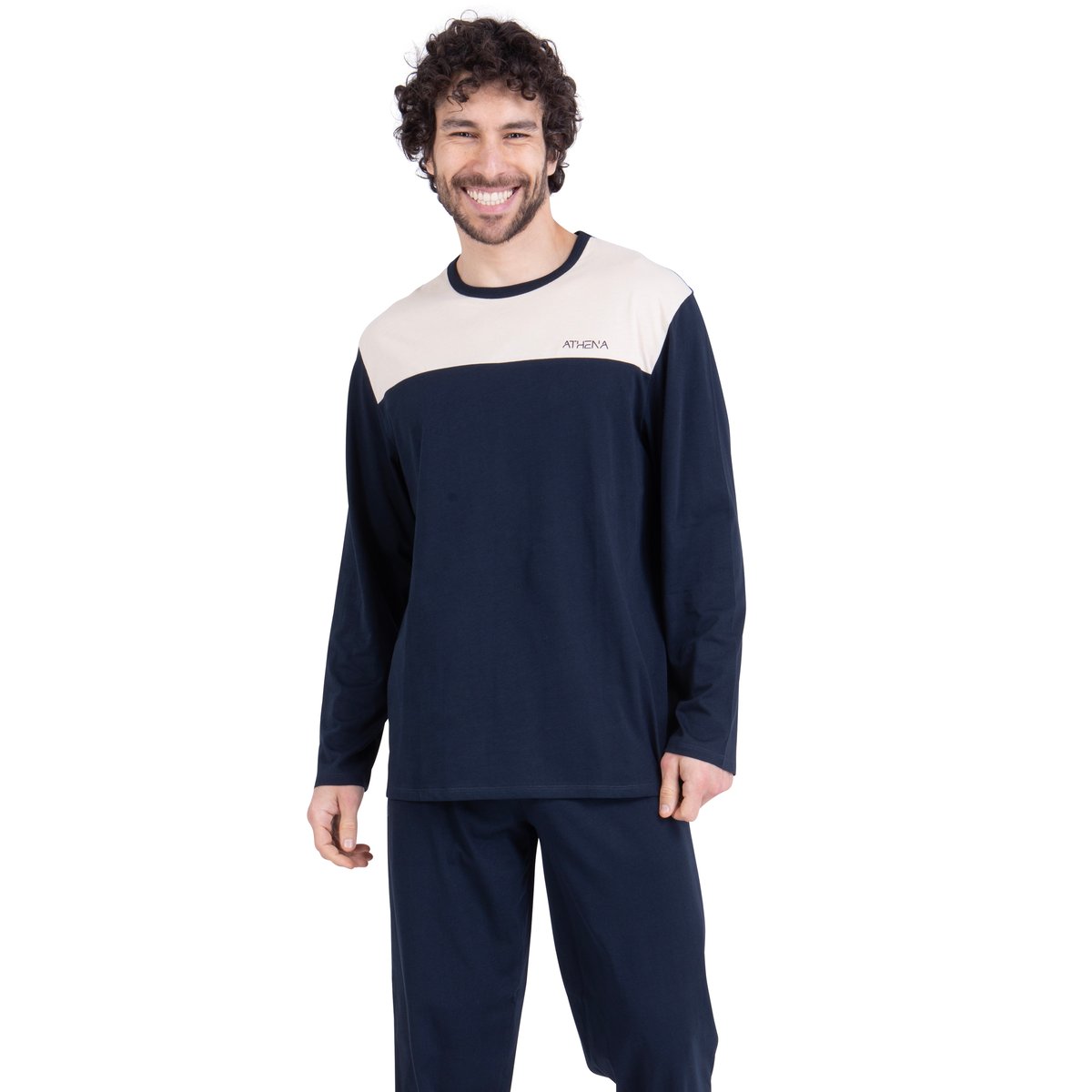 Pyjama long en coton, manches longues beige/bleu marine, ATHENA