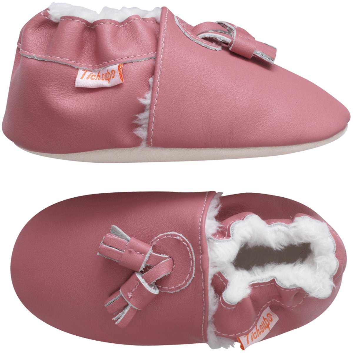 Chaussons cuir souple fourrés à pampilles rose, TICHOUPS