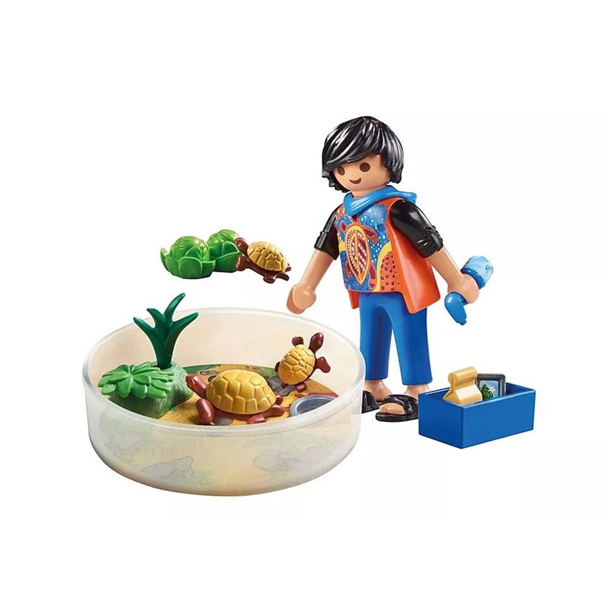 Garçon avec famille de tortues dans un terrarium multicolore, PLAYMOBIL