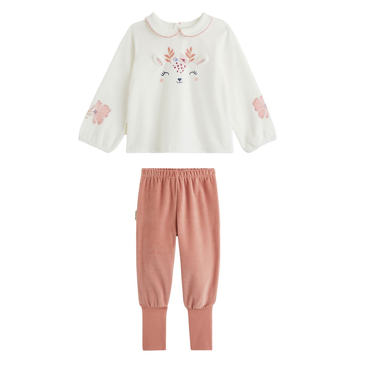 Pyjama bébé 2 pièces en velours à pieds retroussables Cléo ecru, PETIT BEGUIN