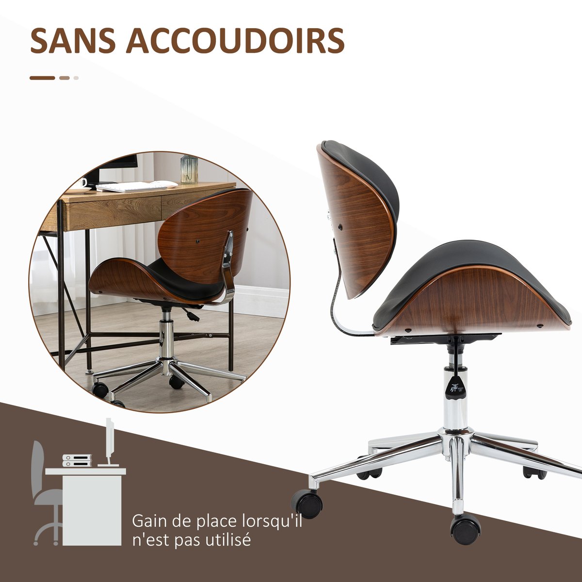 Chaise de bureau Revêtement synthétique PU noir et bois, HOMCOM