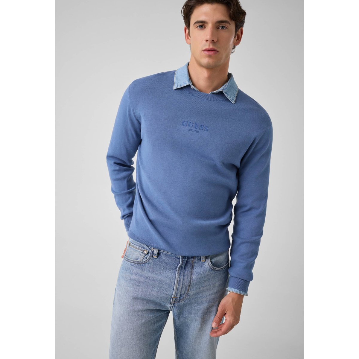 Pull Avec Logo Brodé bleu, GUESS