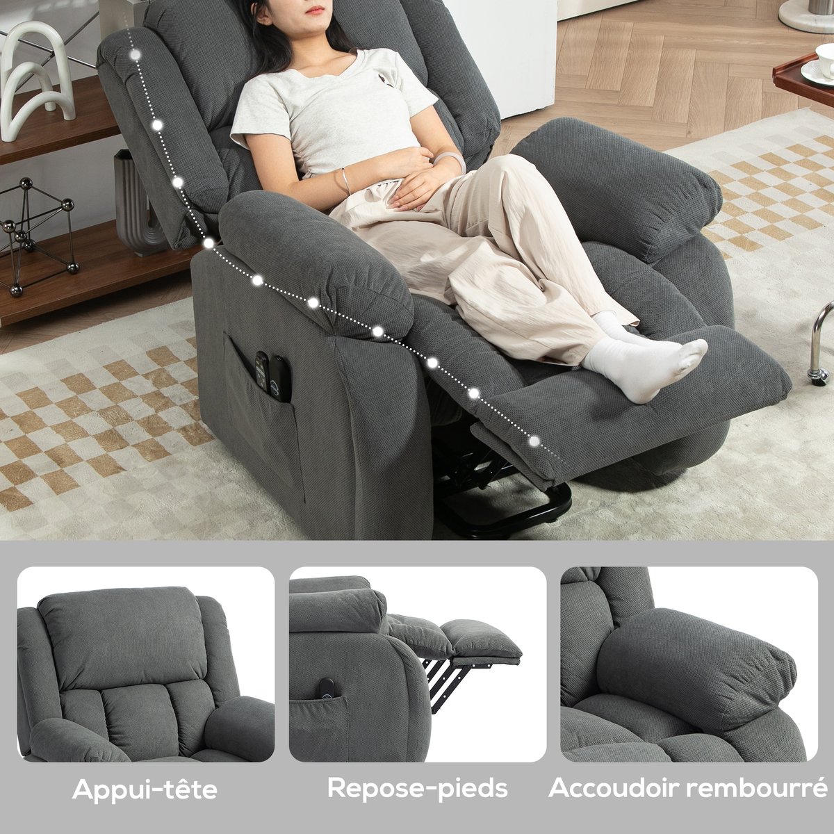 Fauteuil releveur multifonctionnel Velours gris, HOMCOM