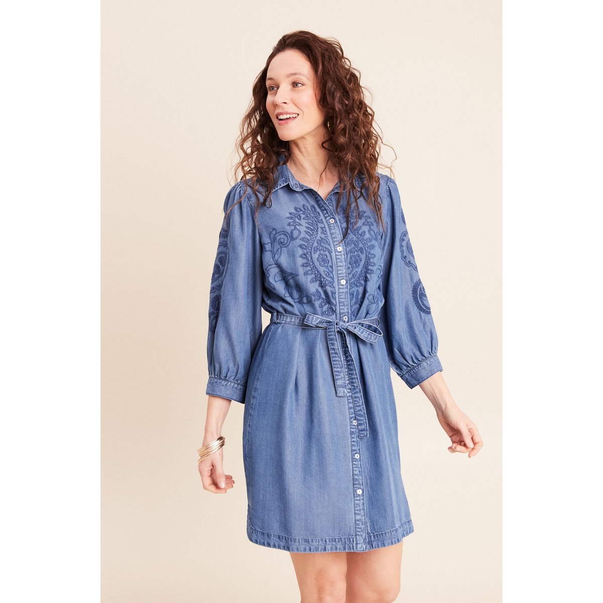 Robe courte évasée manches 3/4 brodée denim double stone, BREAL