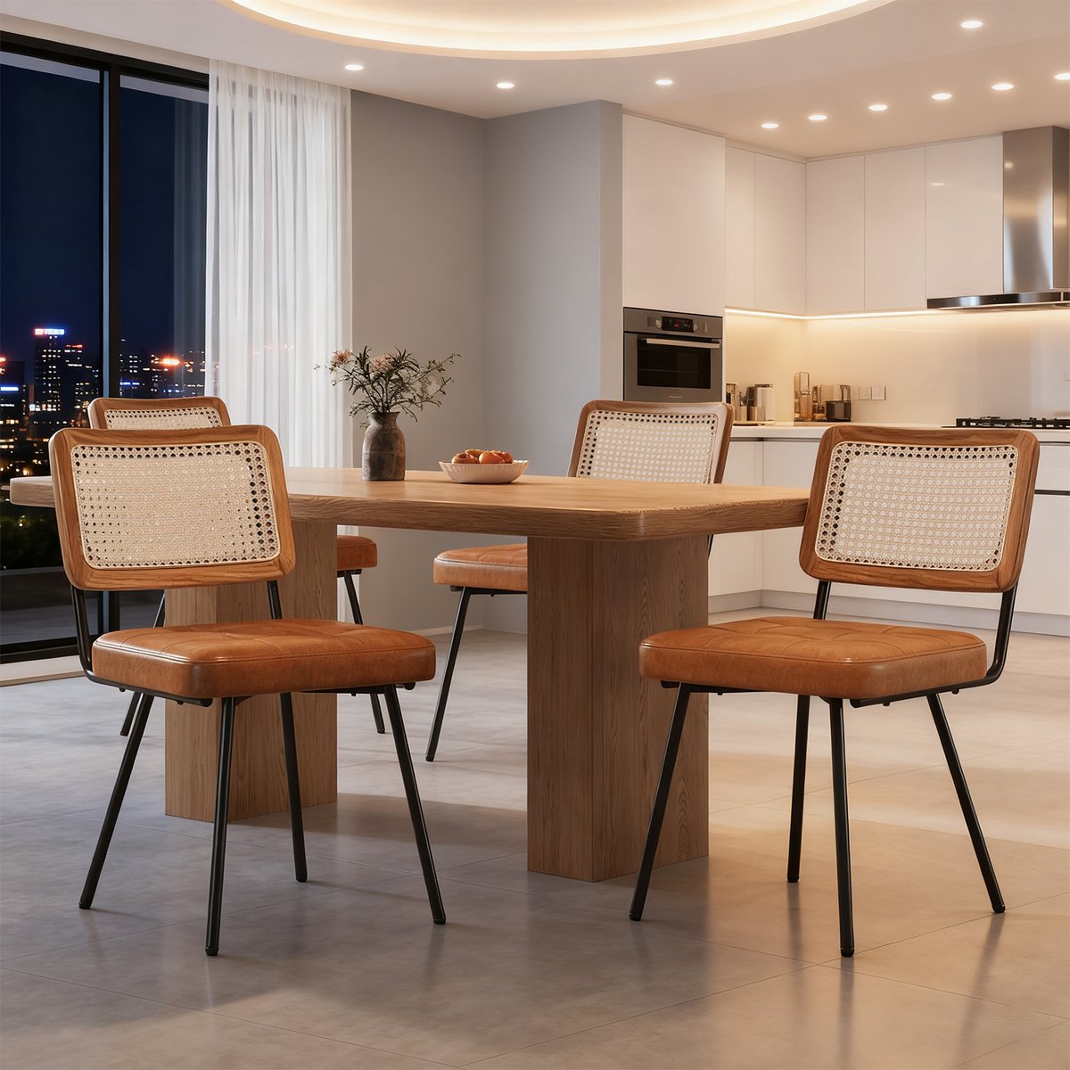 Lot de 4 chaises de salle à manger en simili cuir avec dossier en rotin PE style rétro moderne, KAROMIR marron, MEUBLES COSY
