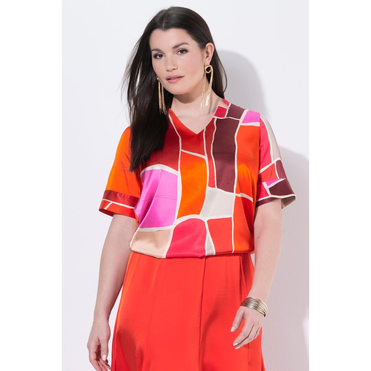 Blouse, imprimé, coupe A, col V rouge poivron, ULLA POPKEN