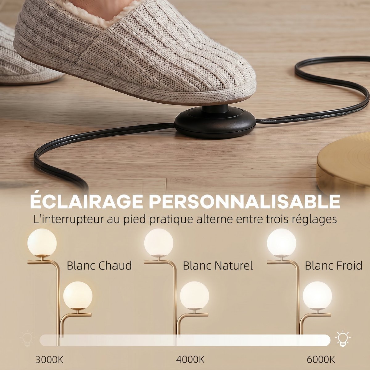 Lampadaire Acier Or doré, blanc laiteux, HOMCOM