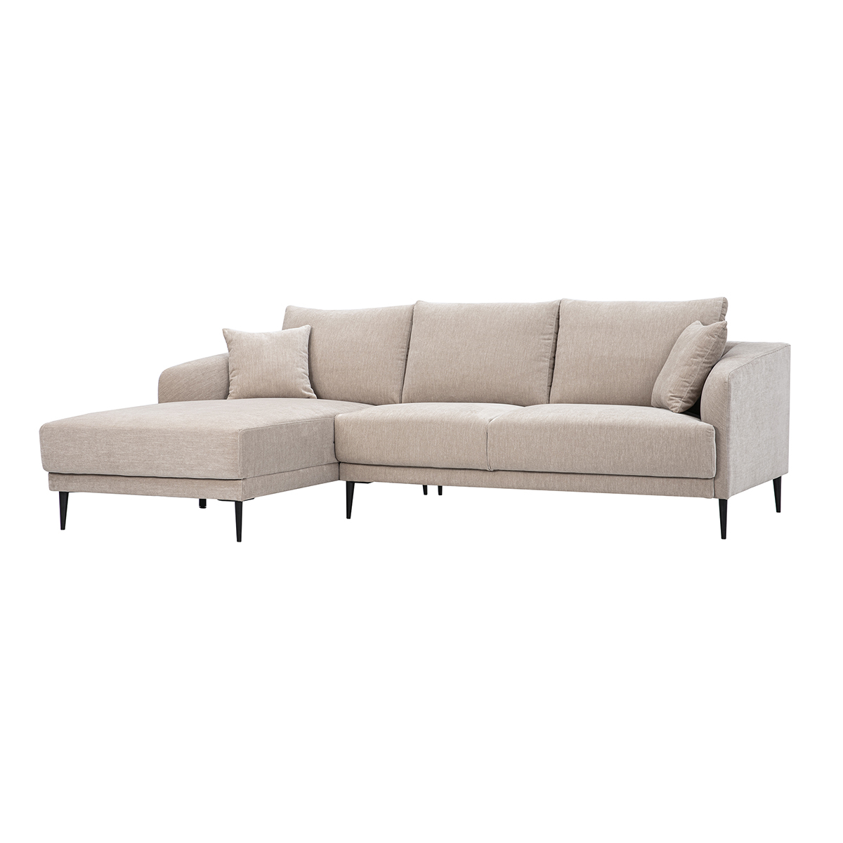 Canapé d'angle gauche 3 places en tissu effet velours vert kaki et métal noir JERRY taupe, MILIBOO