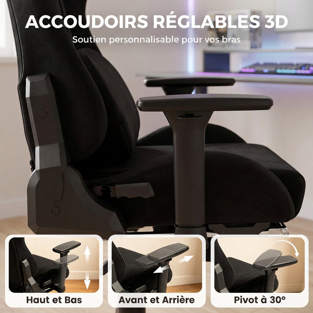 Fauteuil gaming Lin (60 % coton Noir noir, HOMCOM