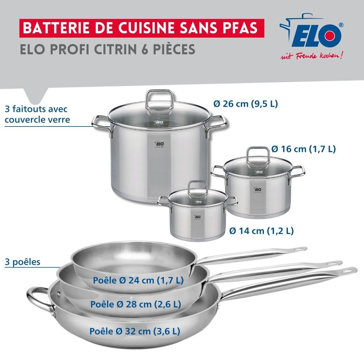 3 poêles 24/28/32cm + 3 faitouts 14/16/26cm PROFI CITRIN gris, ELO