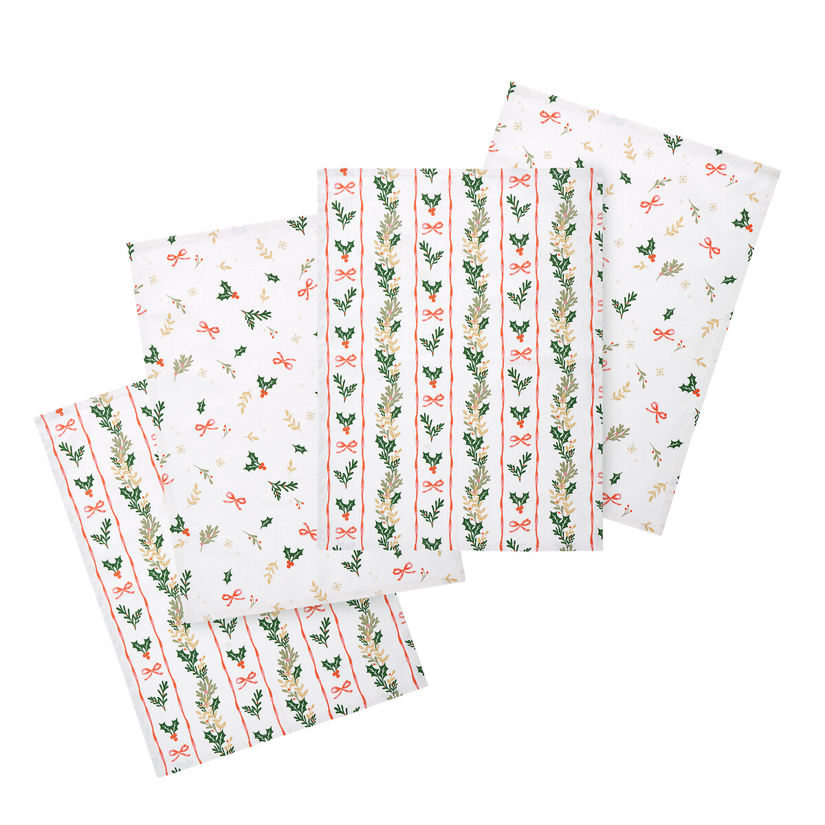 Holly Stripe Christmas Cotton Kitchen Tea Towel Pack Of 4 multi-coloured, CATHERINE LANSFIELD