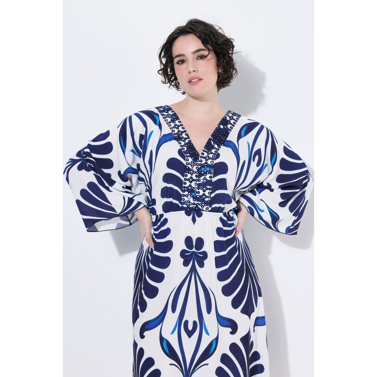 Robe décolleté en V et manches 3/4 blanc neige, ULLA POPKEN