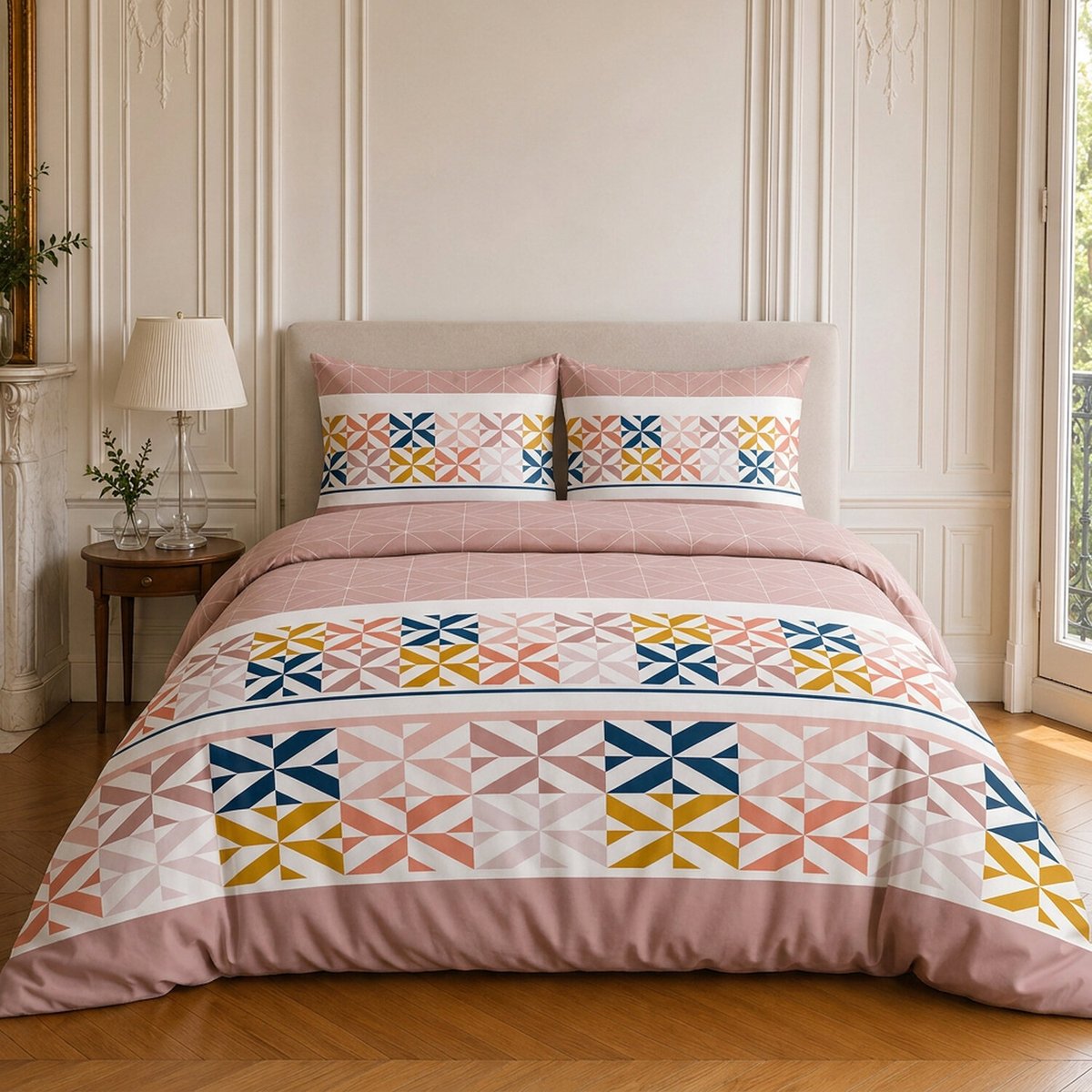 Parure de lit en coton motif géométrique, BLUEBERRY rouge, C DESIGN HOME TEXTILE