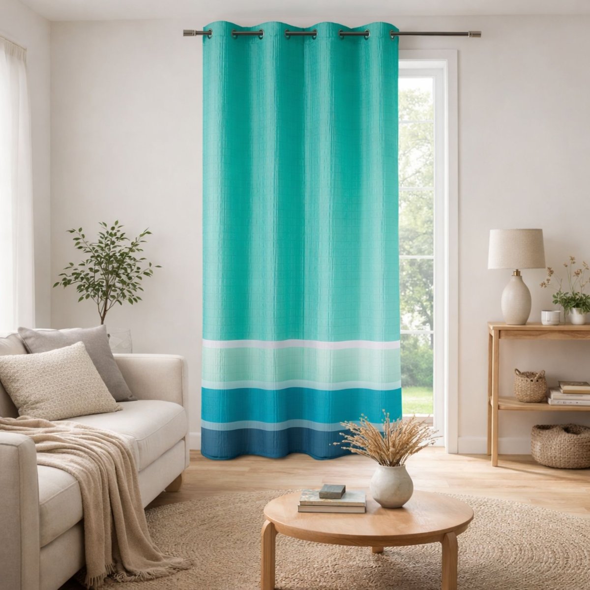 Voilage satiné rayures horizontales turquoise, HOME MAISON