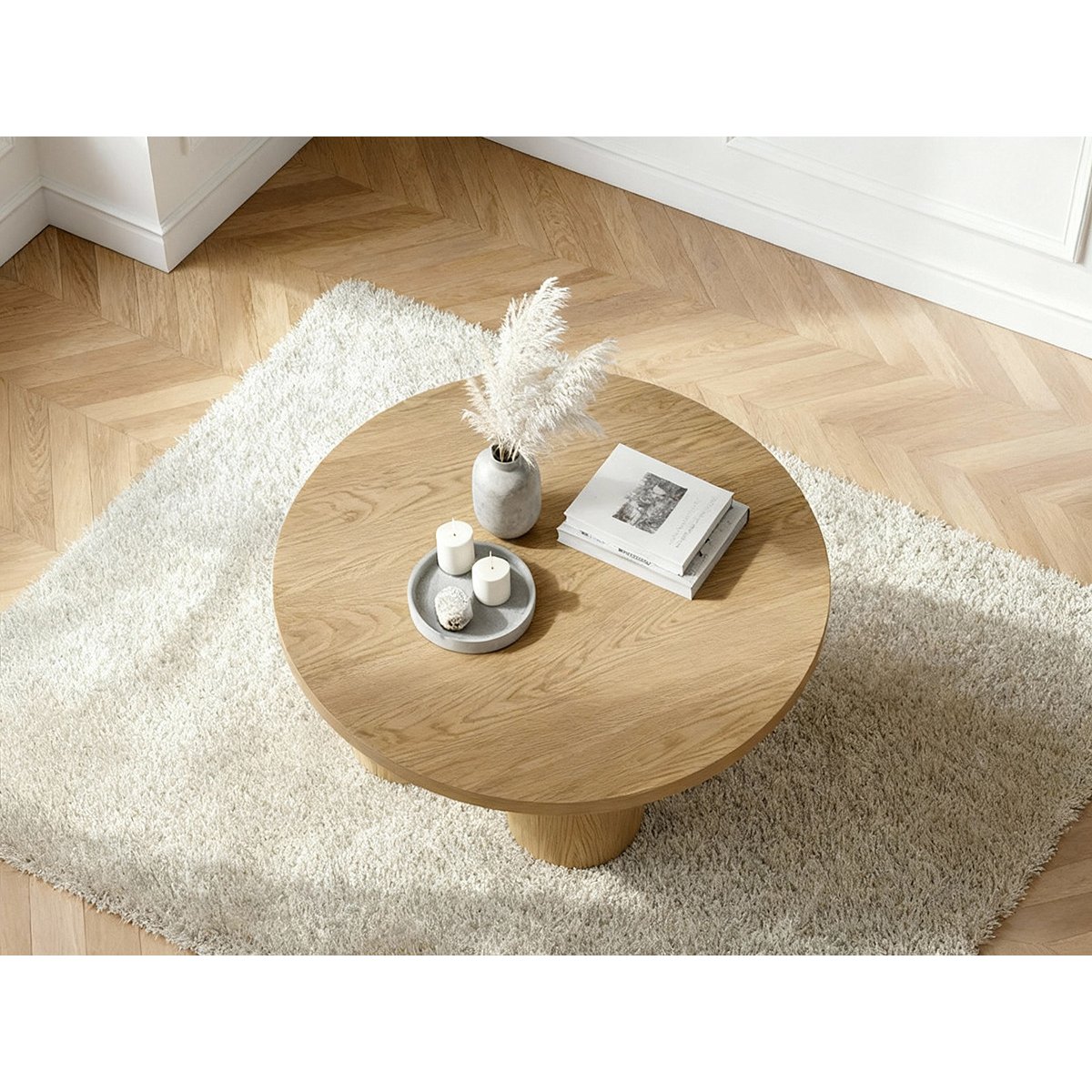 Table basse ronde en placage, AMANZA marron clair, BOBOCHIC