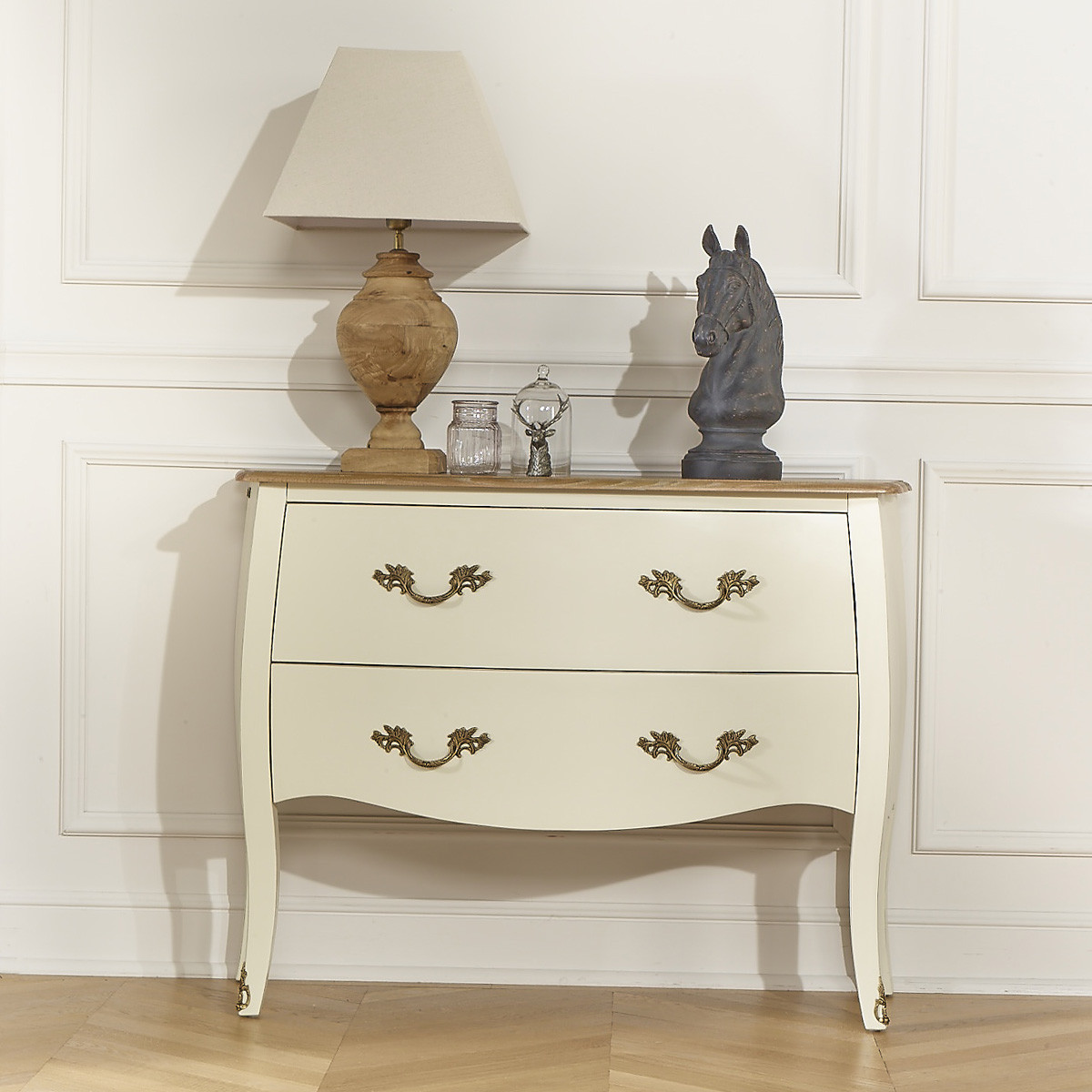 Commode style shabby chic, plateau chêne, 2 tiroirs AQUITAINE blanc, ROBIN DES BOIS
