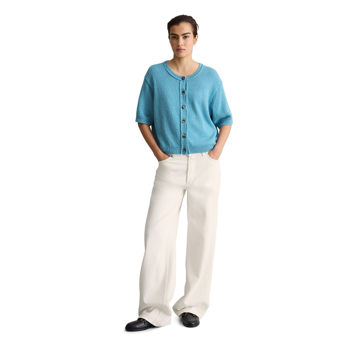 Cardigan manches courtes regular en fil Cotton Slub bleu clair, MARC O’POLO DENIM