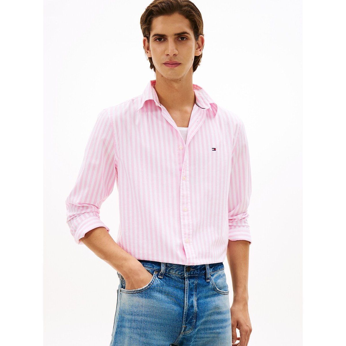 Chemise coupe standard en popeline rayé rose, TOMMY HILFIGER