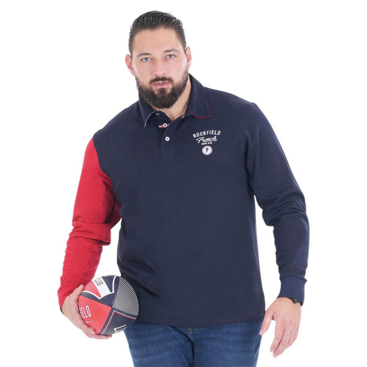 Polo en coton biologique marine bicolore à coupe droite avec un col à revers marine, RUCKFIELD