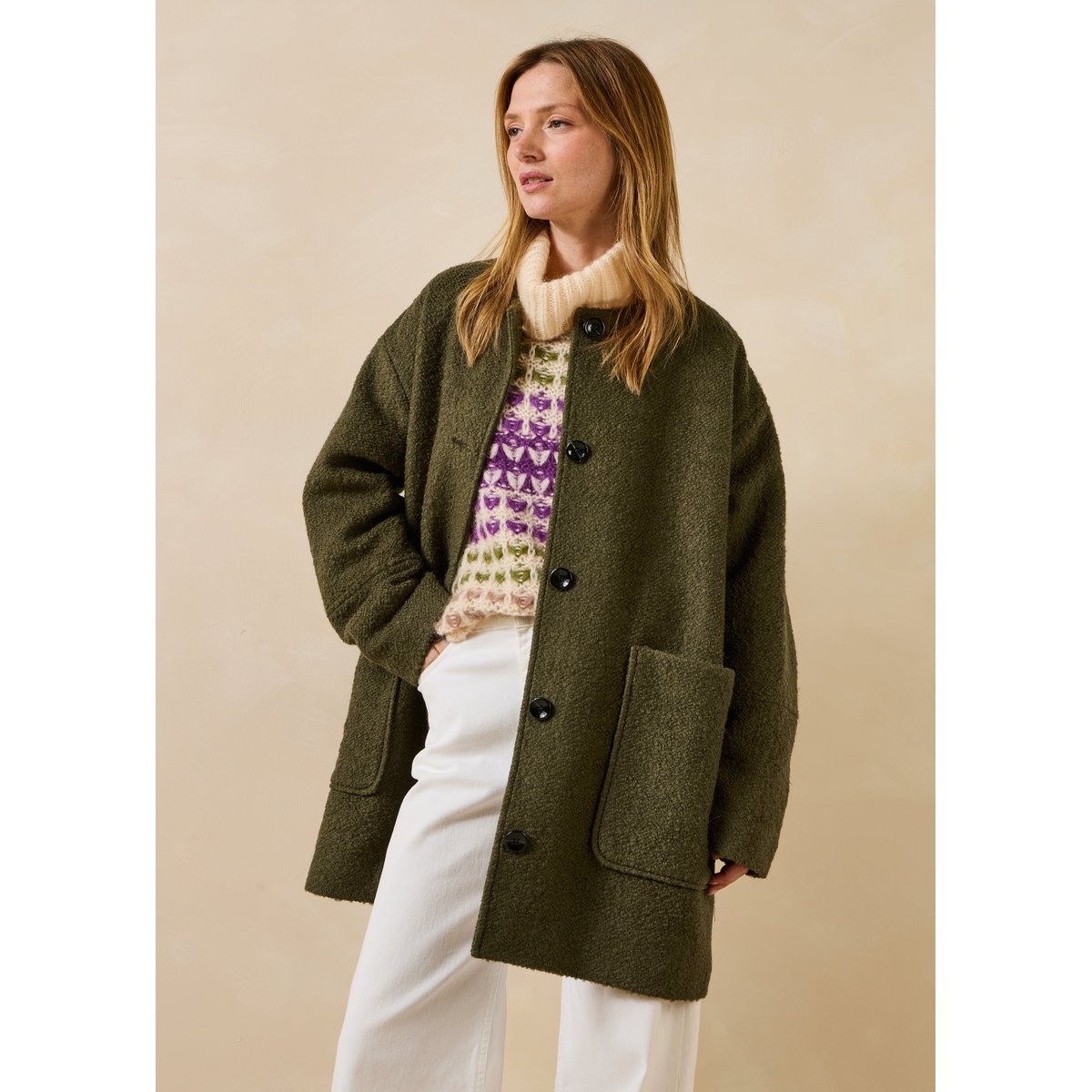 Manteau col montant en laine kaki, LA FEE MARABOUTEE
