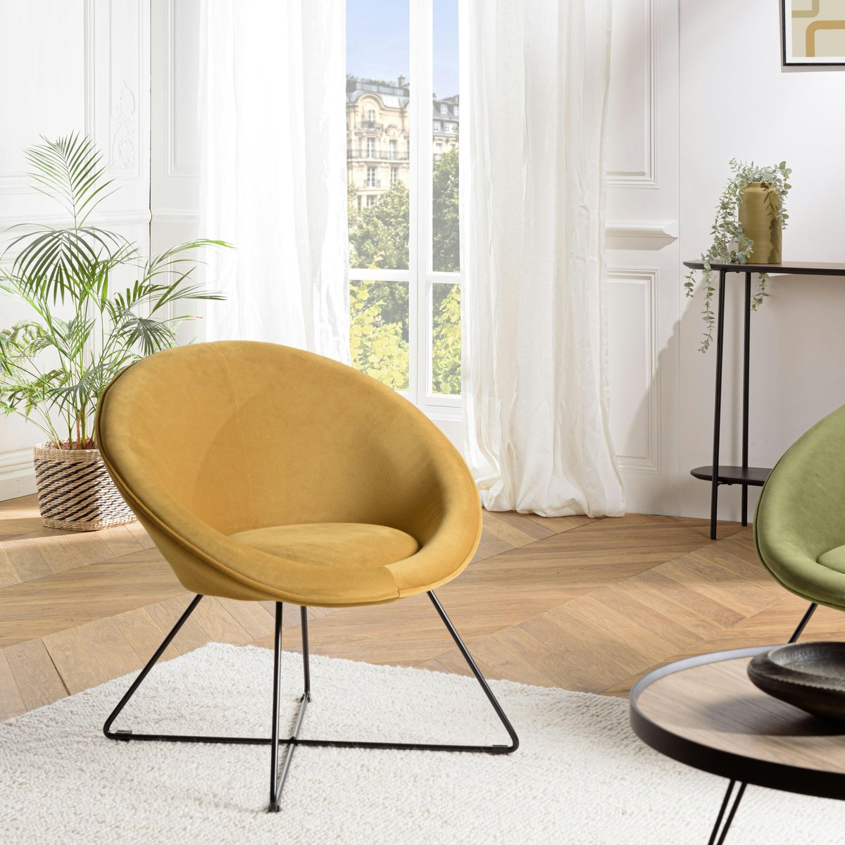 Fauteuil rond design velours moutarde TIM jaune, PIER IMPORT