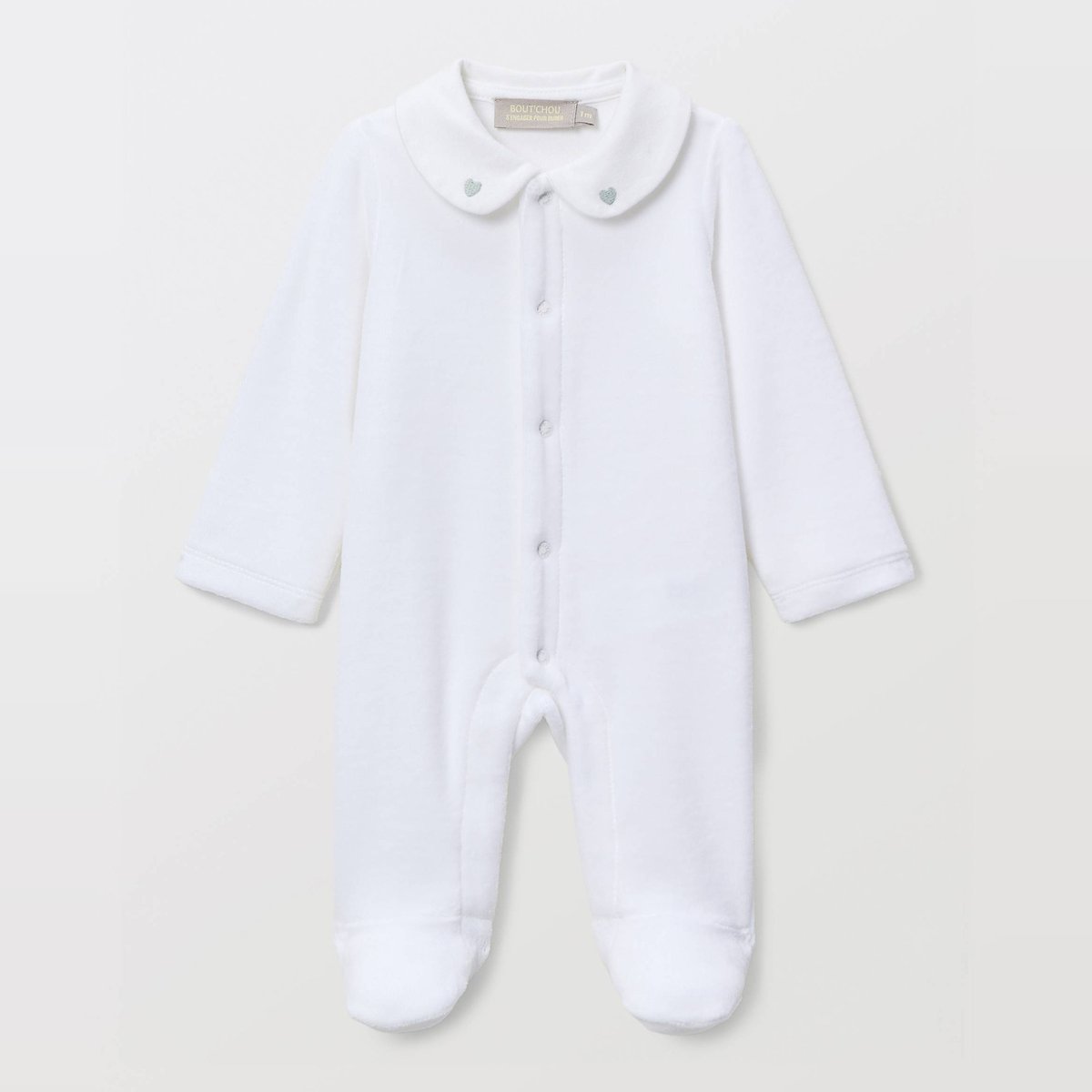 Dors-bien uni à col brodé en velours en coton BIO GOTS blanc, BOUT'CHOU