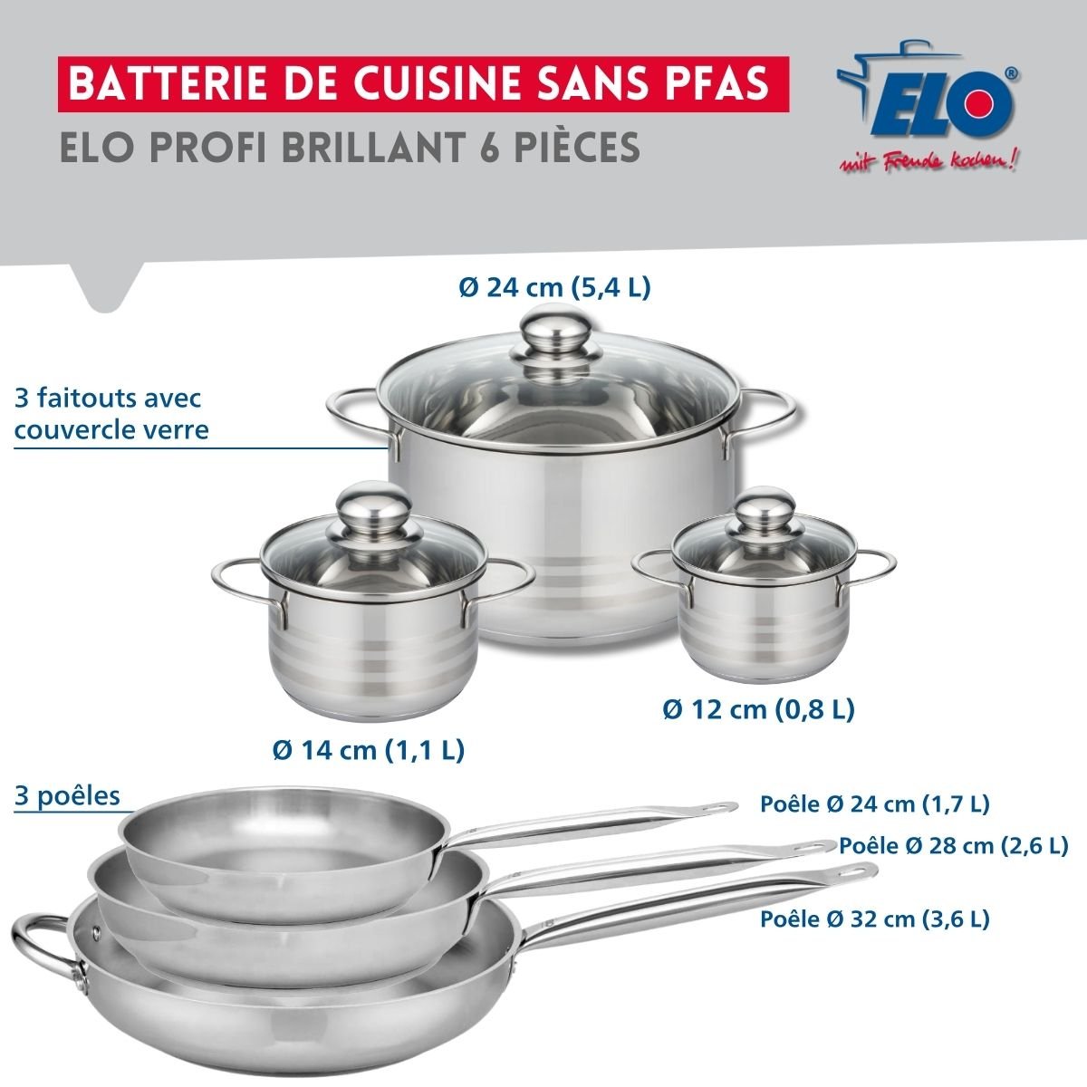 3 poêles 24/28/32cm + 3 faitouts 12/14/24cm PROFI BRILLANT gris, ELO