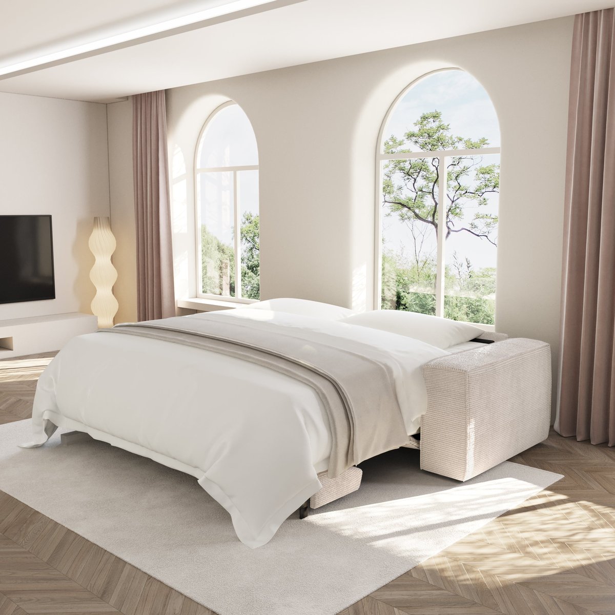Canapé convertible express matelas Dunlopillo 160cm 3 places en velours côtelé JOAN crème, SIA HOME