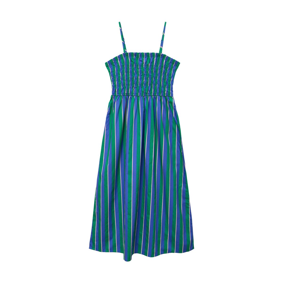 Robe bretelles col carré en coton bleu, BONOBO