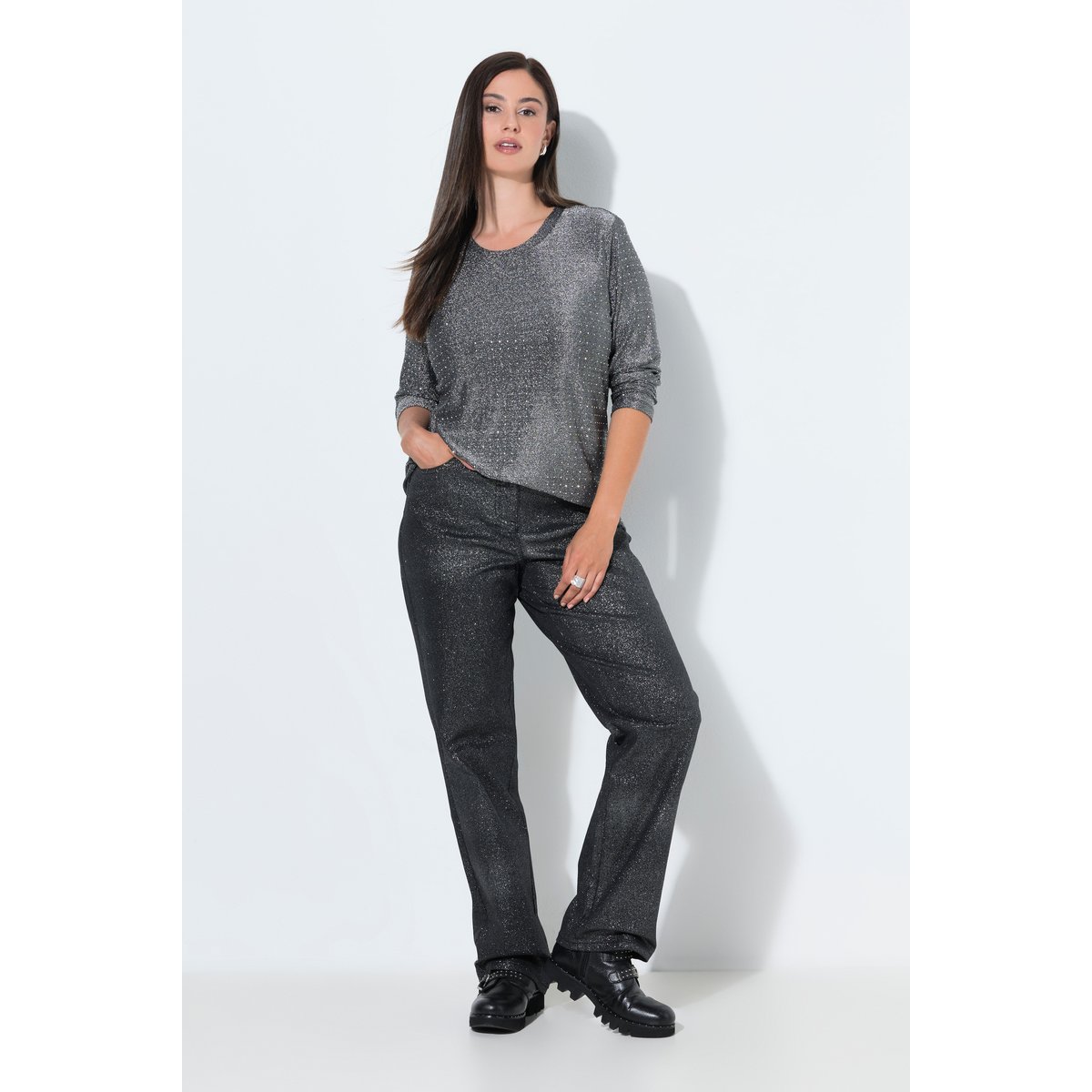 Pantalon scintillant Mandy, jambe large noir, ULLA POPKEN