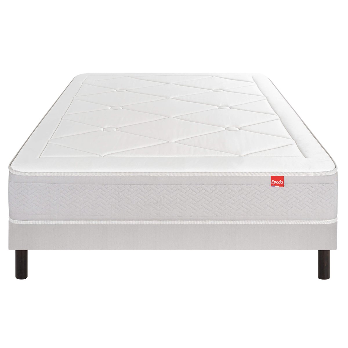 Ensemble literie matelas ressorts L’ÉCHAPPÉE, sommier Escale Ferme et pieds blanc, EPEDA