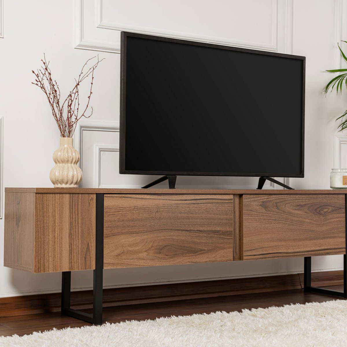 Meuble TV 2 portes en bois et métal L180cm- TOD bois foncé, DRAWER