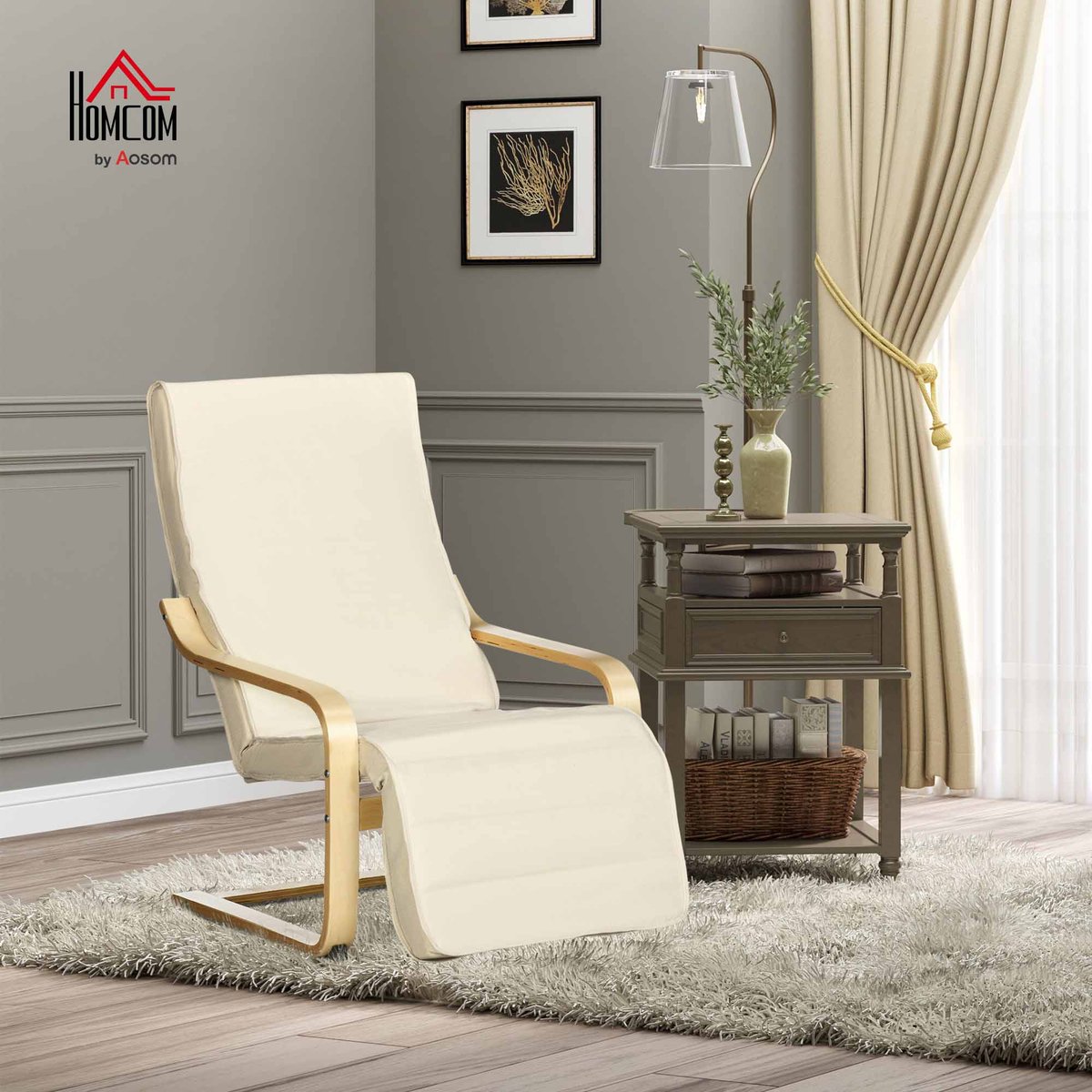 Accent Chair Lin (100% polyester) Crème crème, bois naturel, HOMCOM