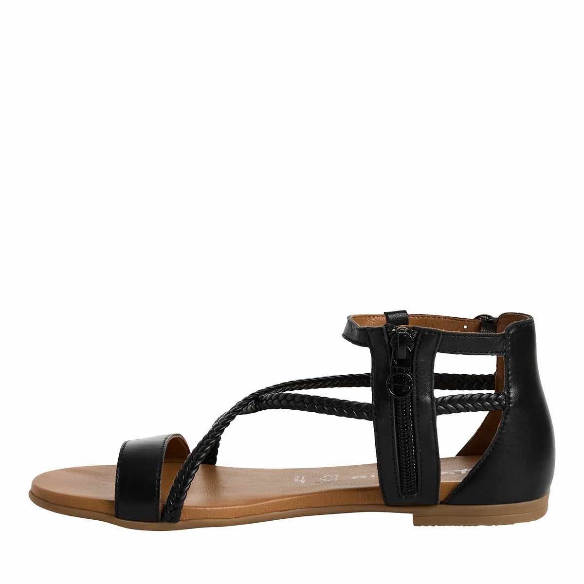 Sandales en cuir talon plat noir, TAMARIS