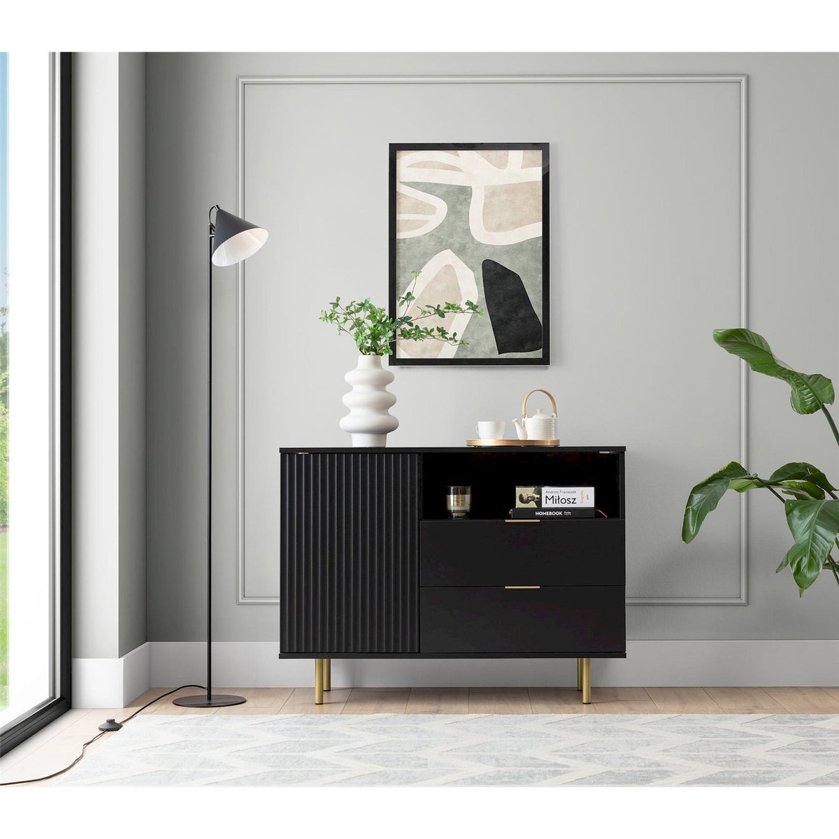 Commode 1 porte 2 tiroirs façade rainurée noir mat et doré beige, RECOLLECTION