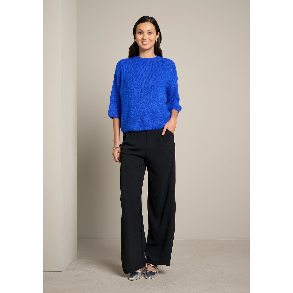 Pull premium en mohair manches 3/4 bleu electrique, LOLALIZA