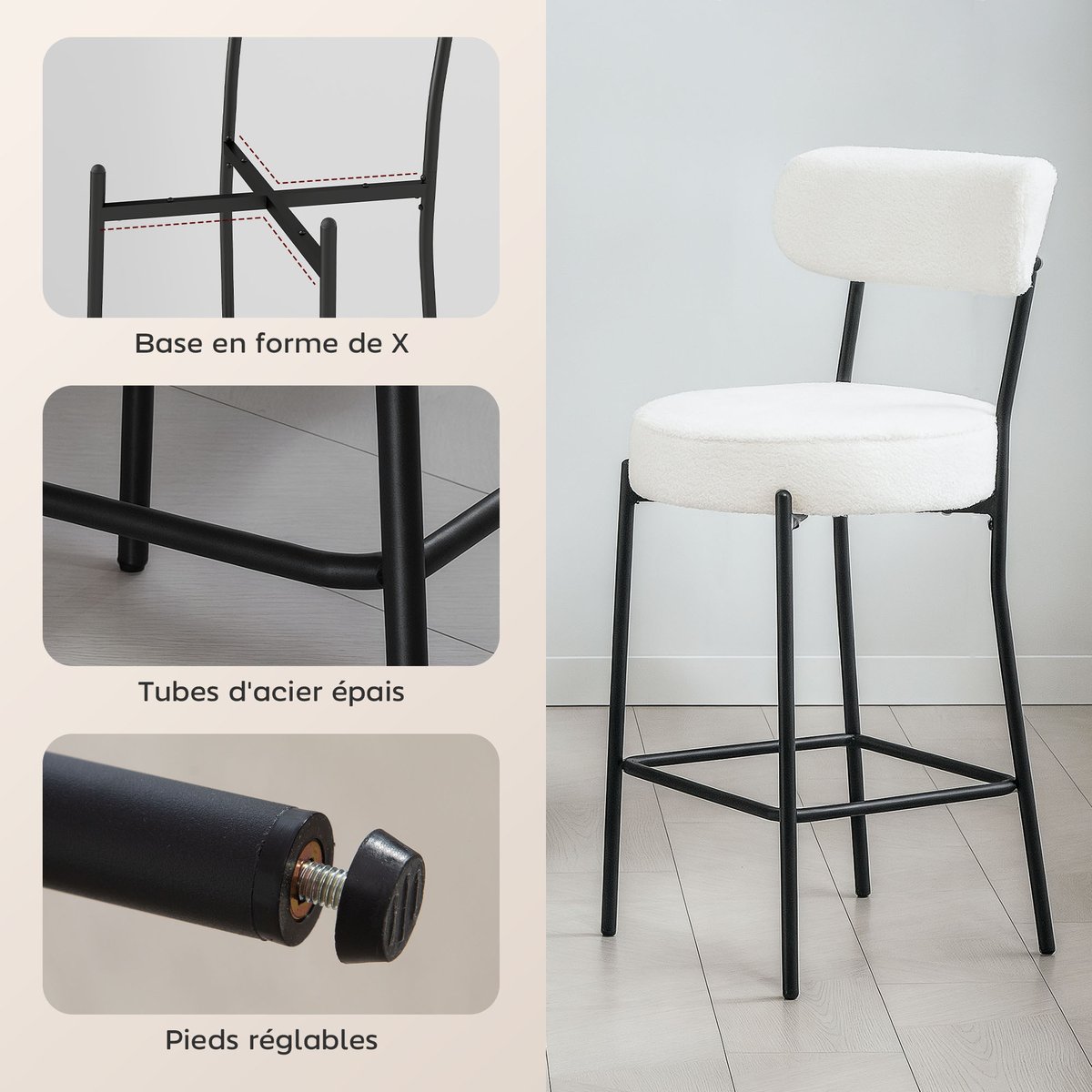 Tabouret de bar Tissu bouclette Crème crème, HOMCOM