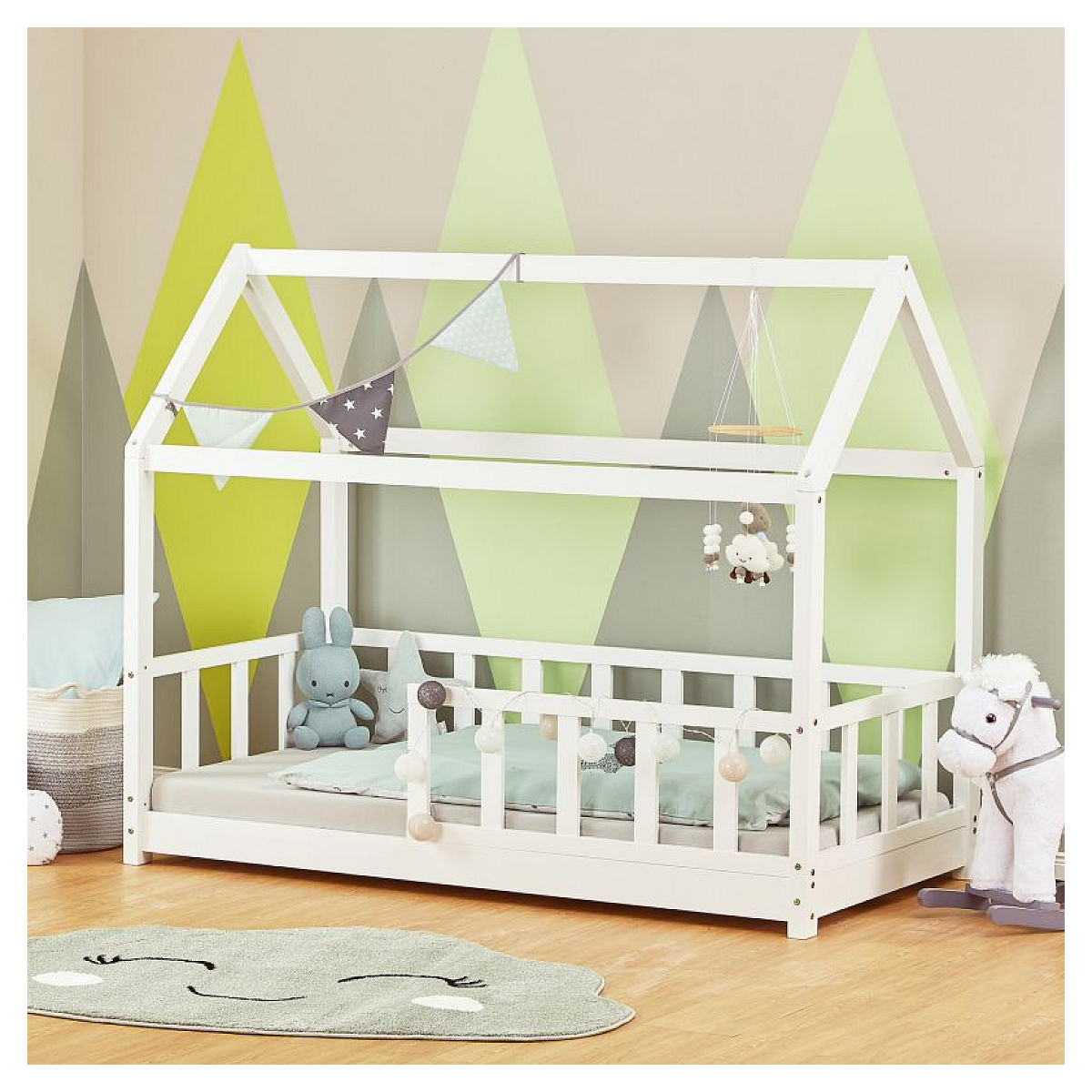 Lit enfant 80x160 matelas cabane barrières couleur unique, HOMESTYLE4U