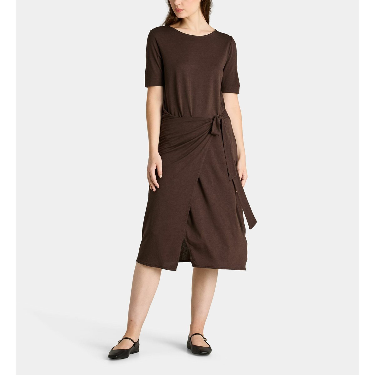Robe portefeuille midi drapée calypso en jersey marron chocolat, GALERIES LAFAYETTE