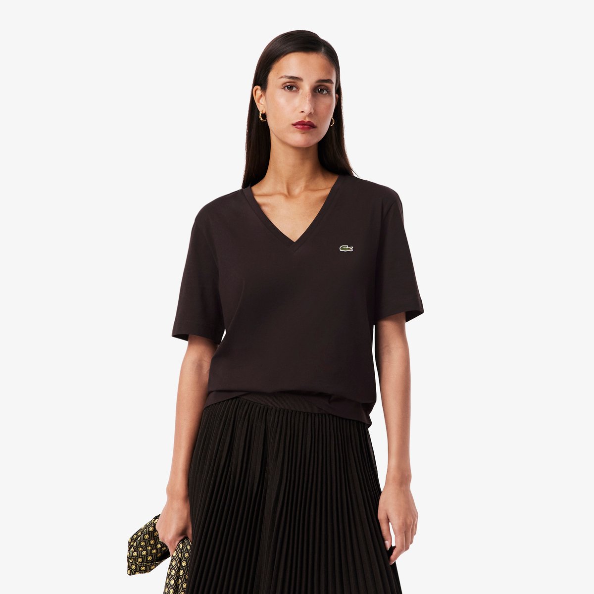 T-shirt relaxed fit coton doux col V marron-3la, LACOSTE