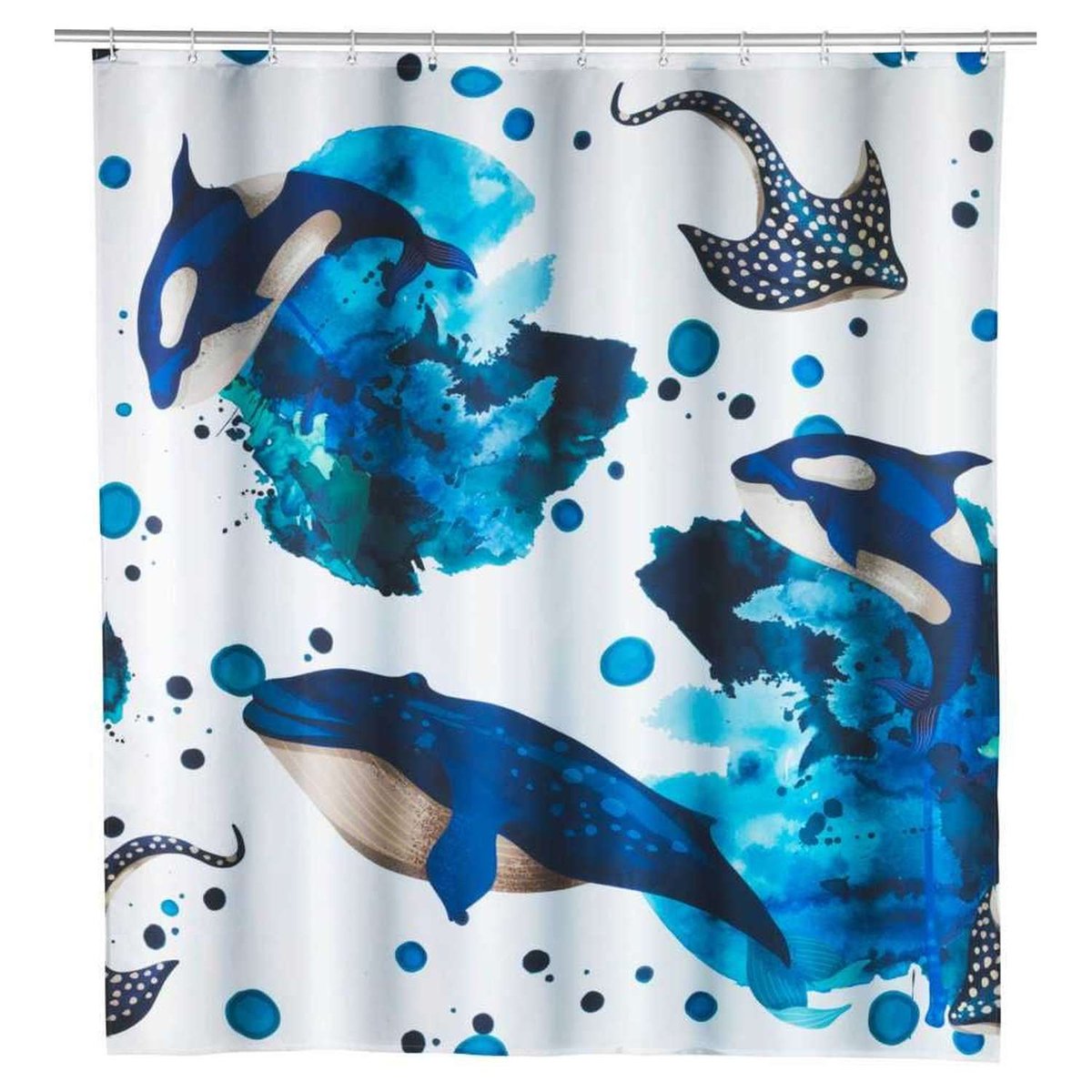 Rideau de douche en polyester recyclé à motifs animaux marins bleu, WENKO