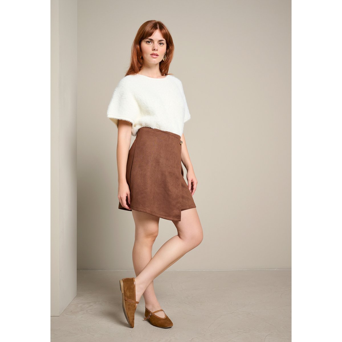 Mini-jupe effet suédine camel brun, LOLALIZA